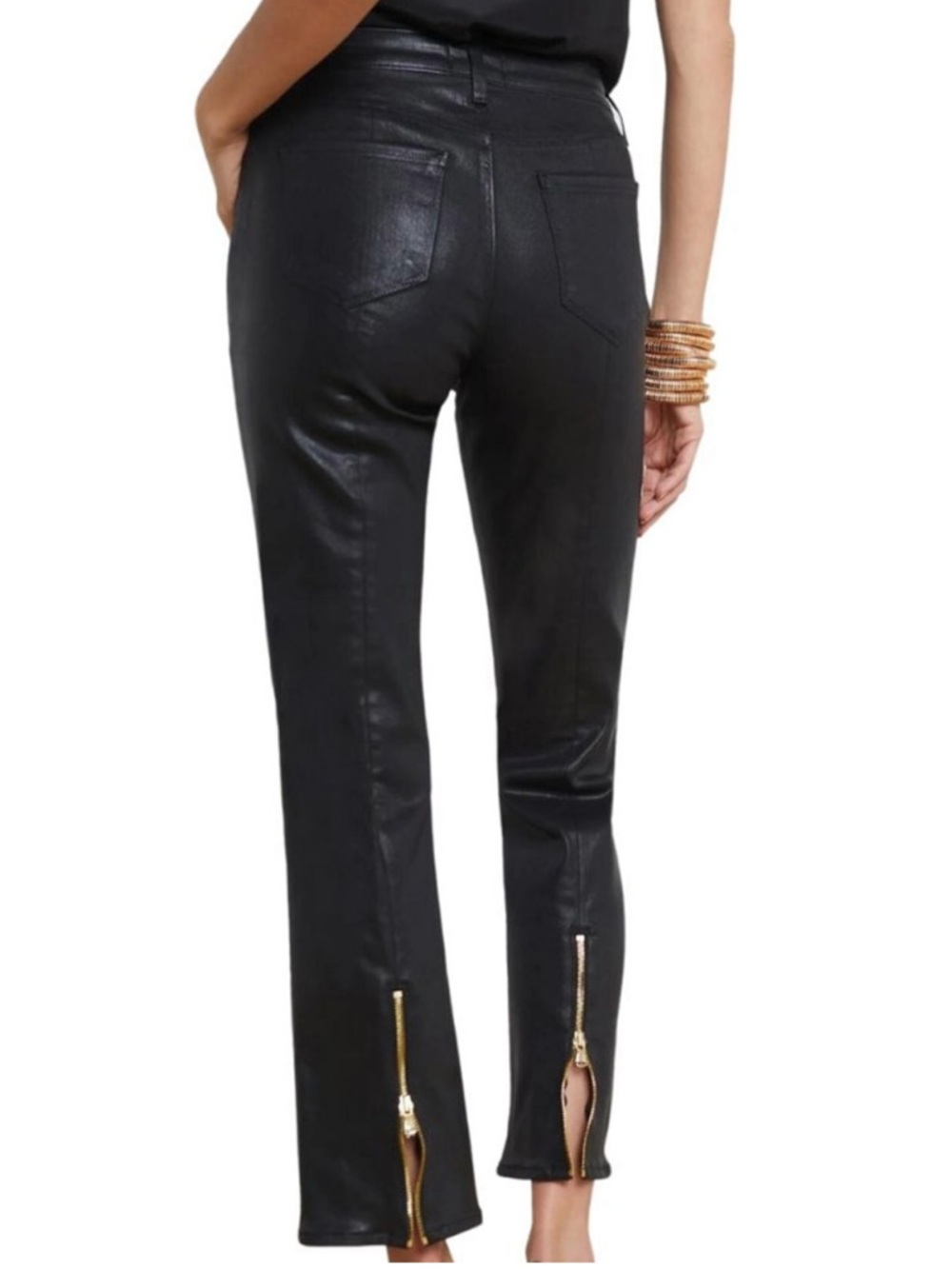 L'AGENCE Black Coated Straight-Leg Pants with Gold Ankle Zippers